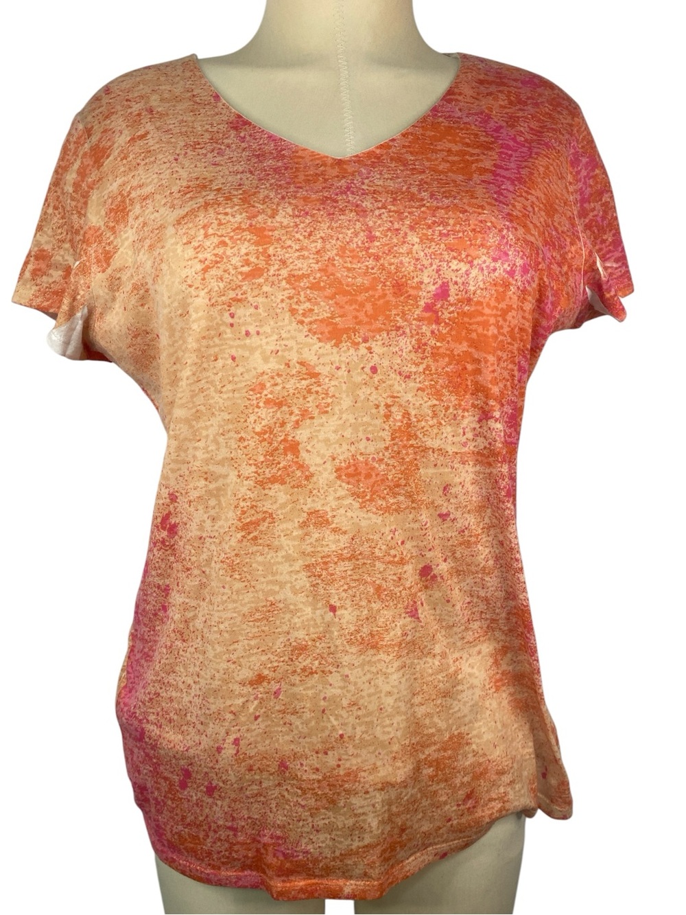 Coldwater Creek Lined V-Neck Short Sleeve Top in Orange and Pink Women’s Large
